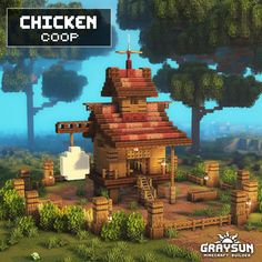 the chicken coop is made out of wood and has a small tower with a cross on top