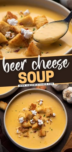 a bowl of beer cheese soup with bread croutons