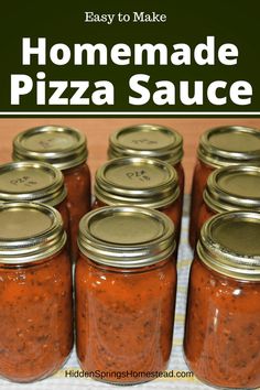 homemade pizza sauce in mason jars with text overlay