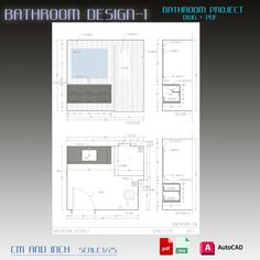 the bathroom design plan is shown in blueprint and includes floor plans for each room