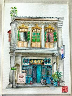 a watercolor painting of a building with green shutters on the front and windows