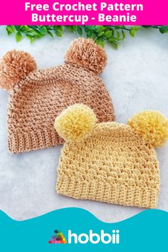 two crocheted hats with pom - poms on them, one is yellow and the other is brown