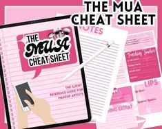 the mua cheat sheet has been placed on top of a pink background with writing