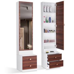 an open medicine cabinet next to a dresser with its door open and shelves on both sides