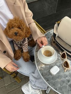 a person sitting at a table with a cup of coffee and a dog on their lap