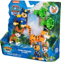 the paw patrol chase trainer and tiger action figure set is in its box with packaging