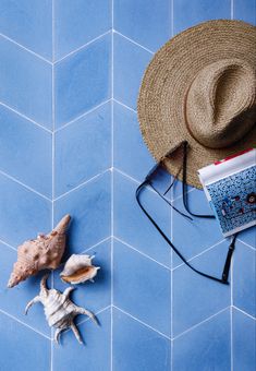 a hat, book and sea shells on a blue tiled floor