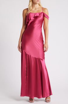 A bias cut and a satin fabrication bring a lovely drape to a party-ready dress hung from slender straps. 54" length Hidden side-zip closure Square neck Single short sleeve 100% polyester Hand wash, line dry Imported Long Silk Pink Dress, Dark Pink Bridesmaid Dress, Red Pink Wedding Color Schemes, Pink Wedding Color Scheme, Enchanting Aesthetic, Pink Wedding Colors, Pink Silk Dress, Pink Bridesmaid Dress, Winter Formal Dresses