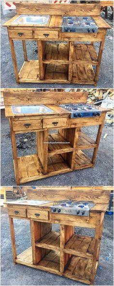 two wooden tables with drawers and shelves on them, one is made out of pallet wood