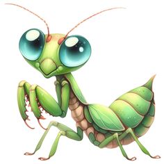 an illustration of a praying mantissa with big blue eyes and long, slender legs