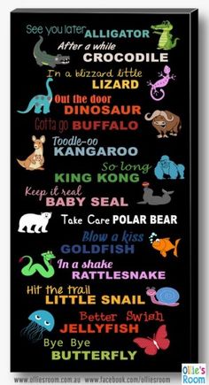 a poster with different types of animals and words on it's black background, including names