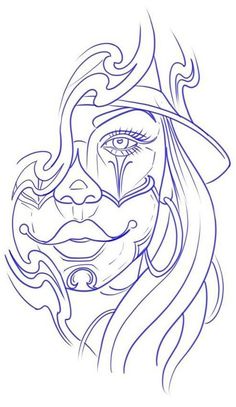 a drawing of a woman's face in blue ink