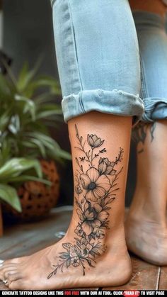 a woman's foot with flowers and leaves on the bottom part of her leg