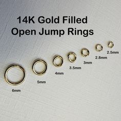 the measurements for open jump rings are shown in three different sizes and shapes, along with each other