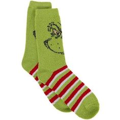 Size: Unisex 5 - 10 Color: Green, Red, White & Black Pattern: Stripes Content: 98% Polyester & 2% Spandex Age Grade: 14+ Quantity: 1 Pair Care: Machine Wash, Cold, With Like Colors Do Not Bleach Tumble Dry, Low Fill a stocking with these cozy Grinch Striped Fuzzy Crew Socks! These socks have a fuzzy green body that is soft to the touch. It features a red and white striped pattern on the bottom and the Grinch's smile near the top of the socks. Give your loved one a nostalgic treat this Christmas Green Winter Socks, Comfortable Green Winter Socks, Green Super Soft Socks, Comfortable Super Soft Green Socks, Cozy Green Socks For Winter, Playful Green Socks For Stocking Stuffers, Playful Green Winter Socks, Green Novelty Socks For Winter, Fuzzy Socks Christmas