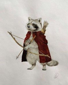 a drawing of a raccoon with a bow and arrow in its hand, wearing a red cape