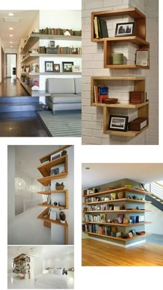 several different shelves with books on them in the living room and dining room, along with pictures of other rooms