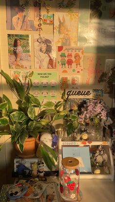 there is a potted plant on the table next to some books and other items