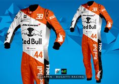 an orange and white racing suit with the number 34 on it's chest, front and back views