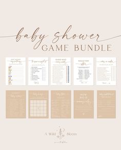 the baby shower game bundle is shown in beige