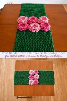 the table runner is made with crochet and pink flowers on green knitted fabric