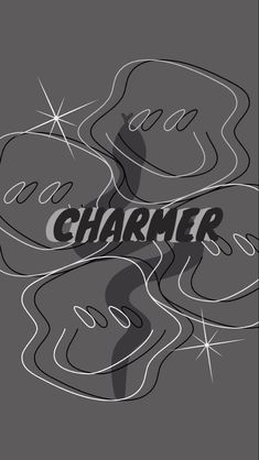 the word charmer is surrounded by swirls and bubbles in black and white on a gray background