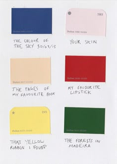 the color chart for different shades of paint on a white sheet with black writing in it