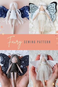 four different fairy dolls in hand with text overlay that reads, fairy sewing pattern