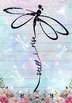 the dragonfly is sitting on top of flowers and has its name written in it