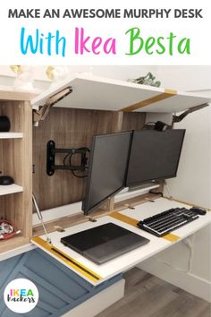 a desk with a computer on it and the words make an awesome murphy desk with ikea besta