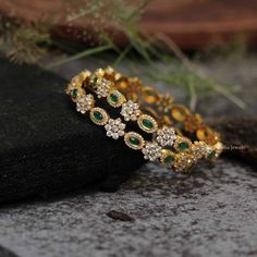 Green Stone Bangles, White Stone Bangles, Plain Gold Bangles, Bangles Collection, Diamond Jewelry Set