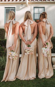 the bridesmaids are dressed in nude colored dresses