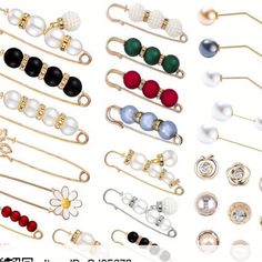 many different types of pins and clips on a white background