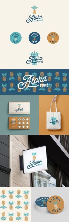 the logo for aloha cafe is shown in three different colors and sizes, including blue