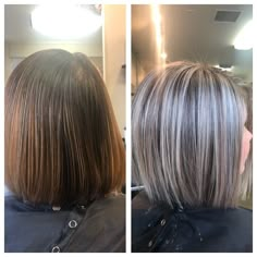 Gray Blending Before And After, Going From Brown To Blonde Hair, Before And After Highlights Brunettes, Grey Blending Highlights Brunette Short Hair, Hair Blending, Going Grey