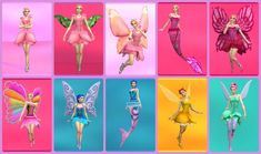 the barbie dolls are all dressed up in different styles and colors, including pink, blue,