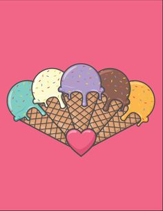 an ice cream cone with five scoops of ice cream and a heart on it