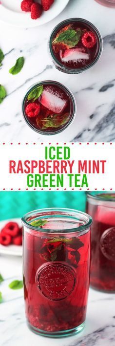 raspberry mint green tea in two glasses with the text iced raspberry mint green tea