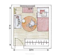 a drawing of a room with a bed, desk and tv on it's side