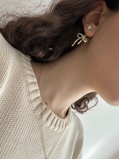 gold bow earrings – ivory moon Classy Vibes, Celeb Outfits, Preppy Jewelry, Ivory Earrings, Cute Prom Dresses, Gold Ribbon, Jewelry Lookbook, Moon Jewelry, Bow Earrings