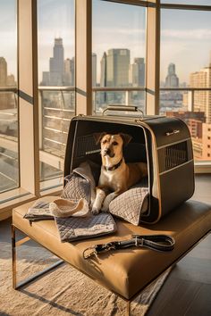 a dog sitting in an open suitcase on top of a bench next to a window