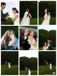 the bride and groom are posing for pictures