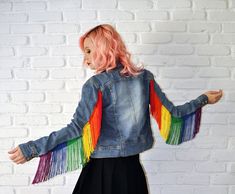 Rainbow Fringe Jacket White/Black/Denim/Pink on Etsy. Fitted Multicolor Denim Jacket For Festivals, Multicolor Denim Jacket For Festivals, Casual Multicolor Fringe Outerwear, Pride Jacket, Pride Fits, Rainbow Denim Jacket, Sustainable Crafts, Fringe Denim Jacket, Pride Ideas