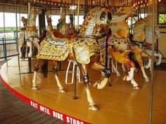 the carousel has many horses on it