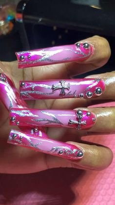 Extra Nails Acrylic, Xxl Nails, Y2k Chrome, Extra Nails, Nails Chrome, Acrylic Nail Set, Punk Nails, Grunge Nails