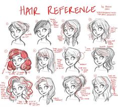 some sketches of hair references for the character's face and head, with different expressions