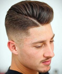 Short Off-Center Part with Taper Fade Back Haircut, Short Wavy Curly Hair, Taper Fade Haircuts, Slick Back Haircut, Mens Hairstyles Fade, Tapered Sides, Crop Haircut