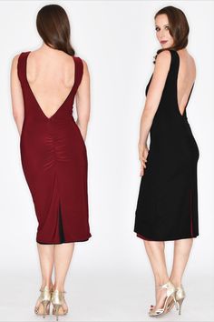 Reversible tango dress which offers you all the comfort of a double layer of fabric and the unicity of an outstanding design.  If you wish a more easy going style, reverse the dress and dance in black revealing only a bit of burgundy while moving. #tangodresses #tangodress #openback #rucheddress #reversibledress #reversibledresses #dancewear #tangofashion #tangoclothing #tangoclothes Dress With Open Back