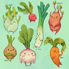 an image of vegetables with faces drawn on them in different colors and shapes, including onions, carrots, celery, radishes