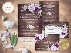 wedding stationery with purple flowers and greenery